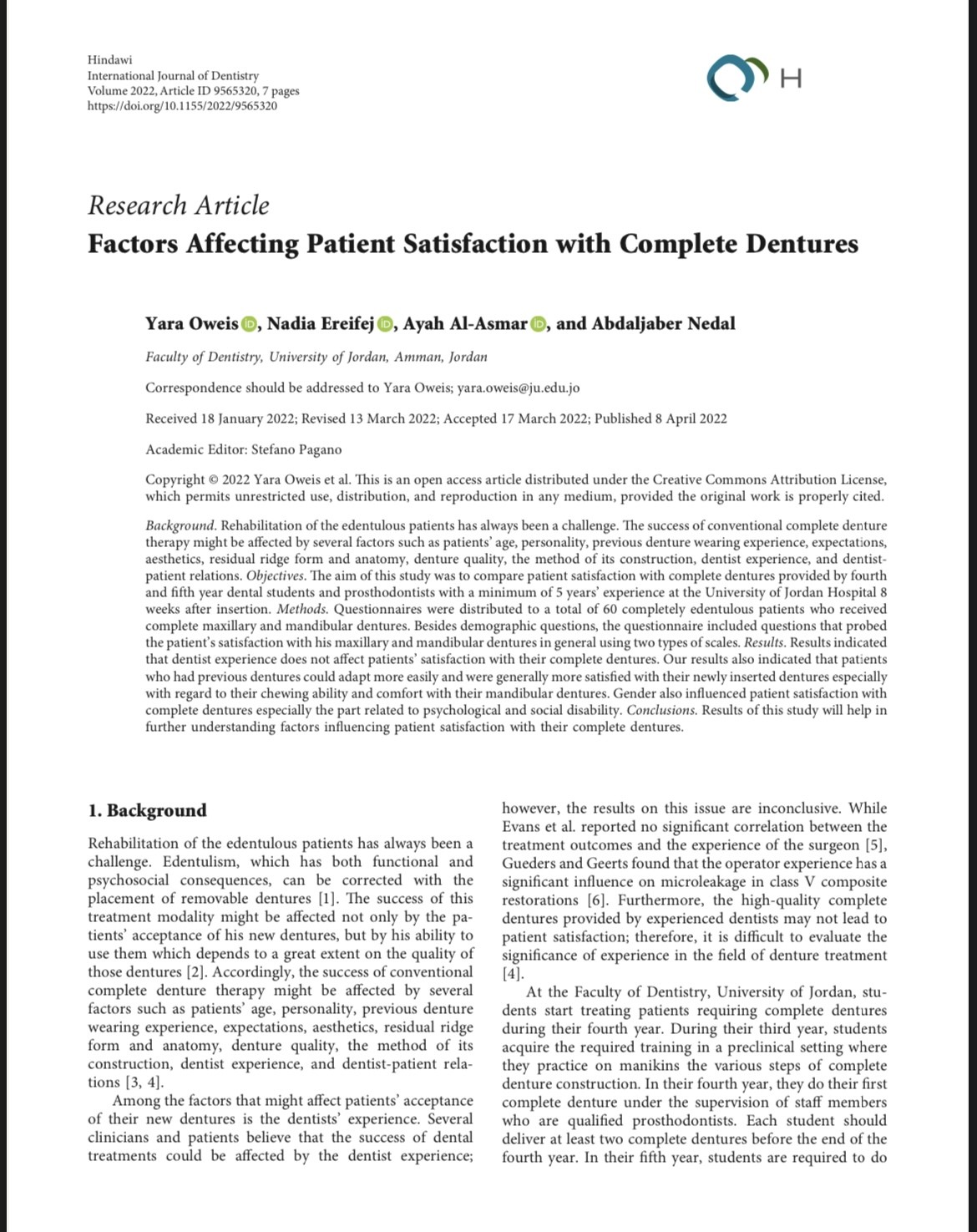 Research paper published in 2022 in collaboration with Abdaljaber Nedal, a DDS graduate at the University of Jordan