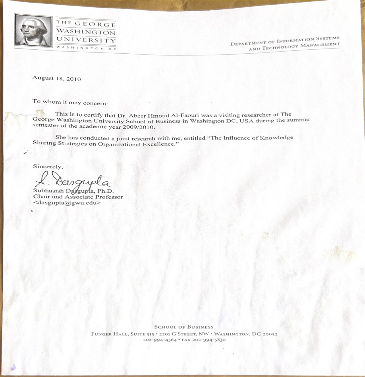 Dr Abeer AL Faouri   was a visiting researcher at the George Washington University School of Business.jpg