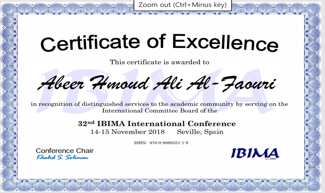 Dr Abeer AL Faouri was awarded a certificate of appreciation for her contributions to the academic community.png